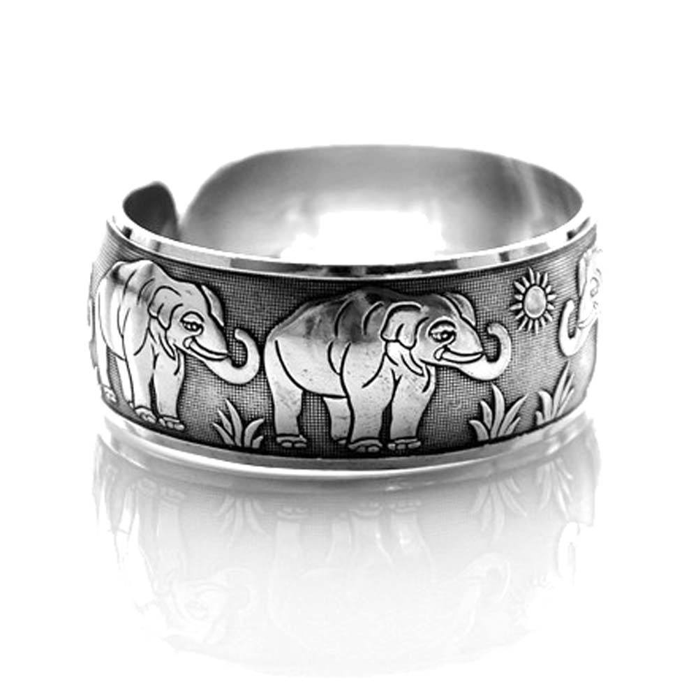 Elephant Family Bangle Cuff Bracelet in Silver | Animal Jewelry