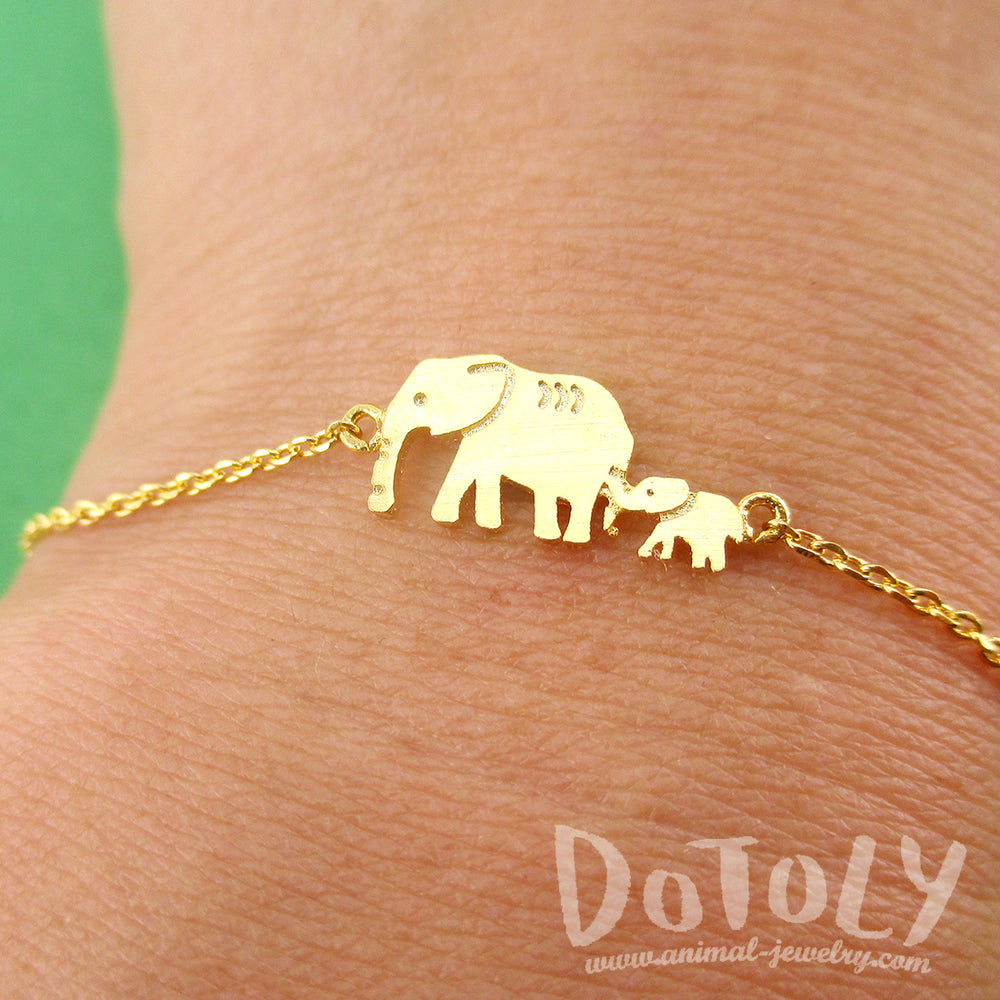 Elephant Family Mom and Baby Silhouette Shaped Charm Bracelet in Gold | DOTOLY