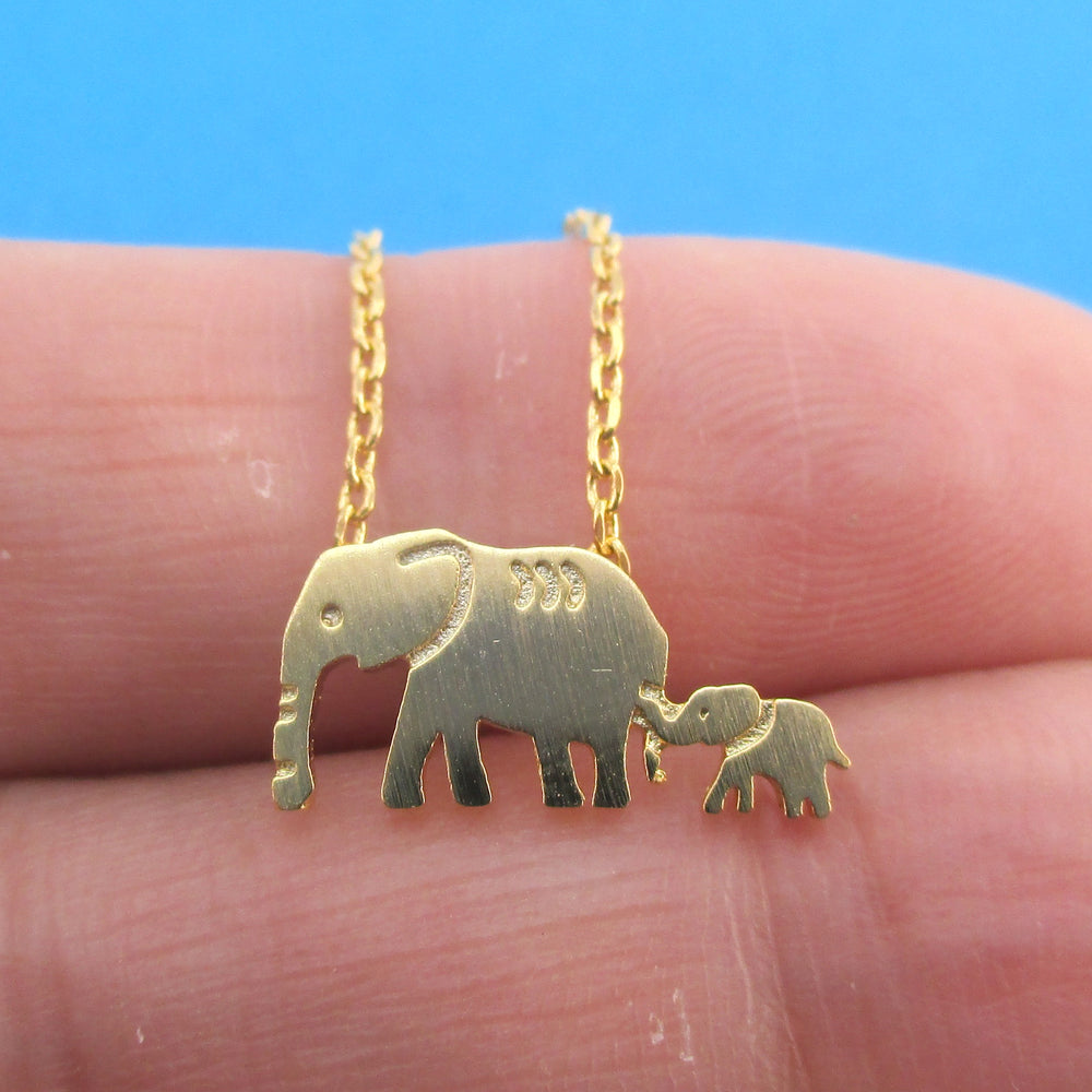 Elephant Family Mom & Baby Silhouette Shaped Pendant Necklace in Gold | DOTOLY