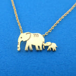 Elephant Family Mom & Baby Silhouette Shaped Pendant Necklace in Gold