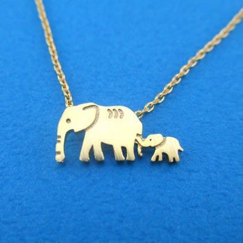 Elephant Family Mom & Baby Silhouette Shaped Pendant Necklace in Gold