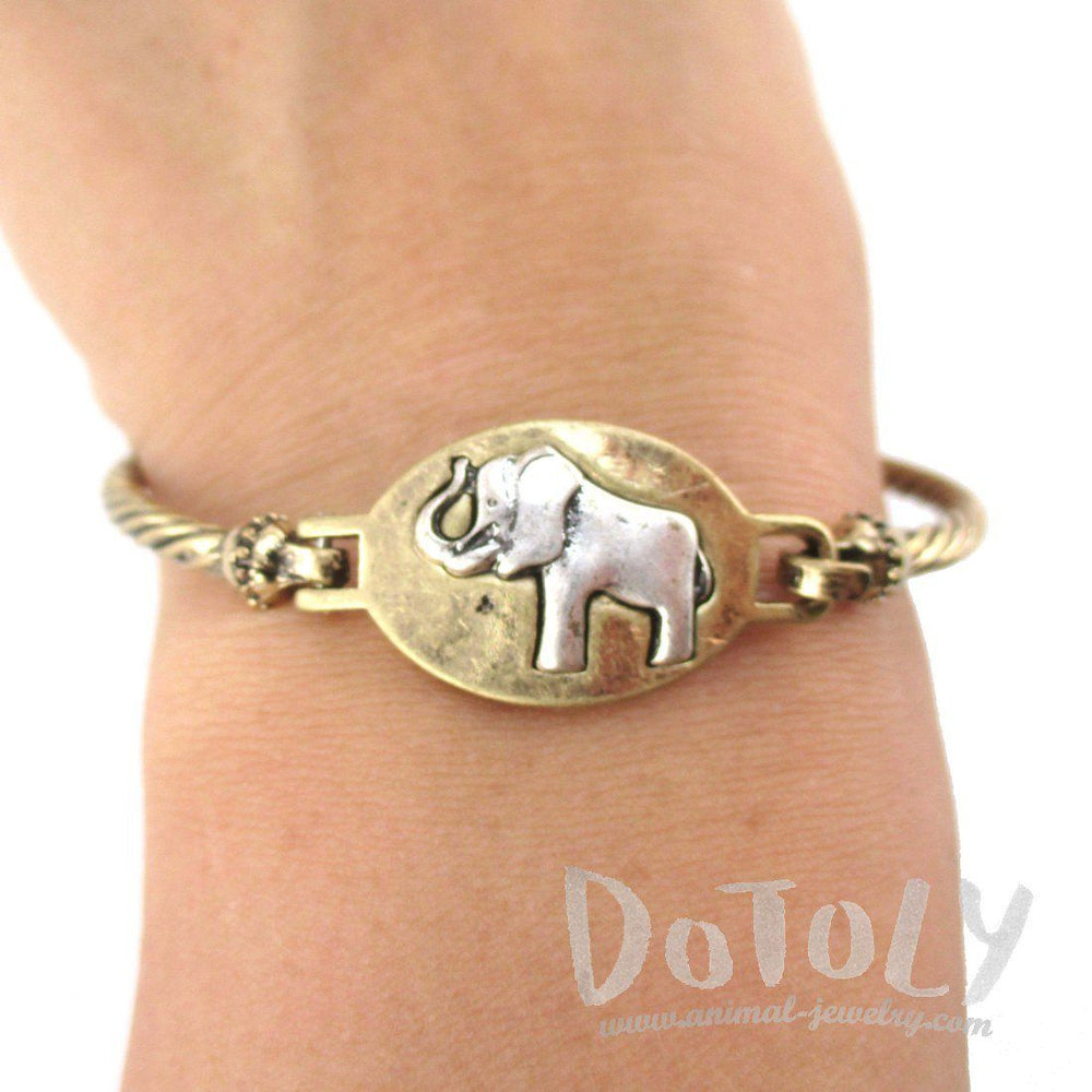 Elephant Medallion Textured Bangle Bracelet in Brass | Animal Jewelry