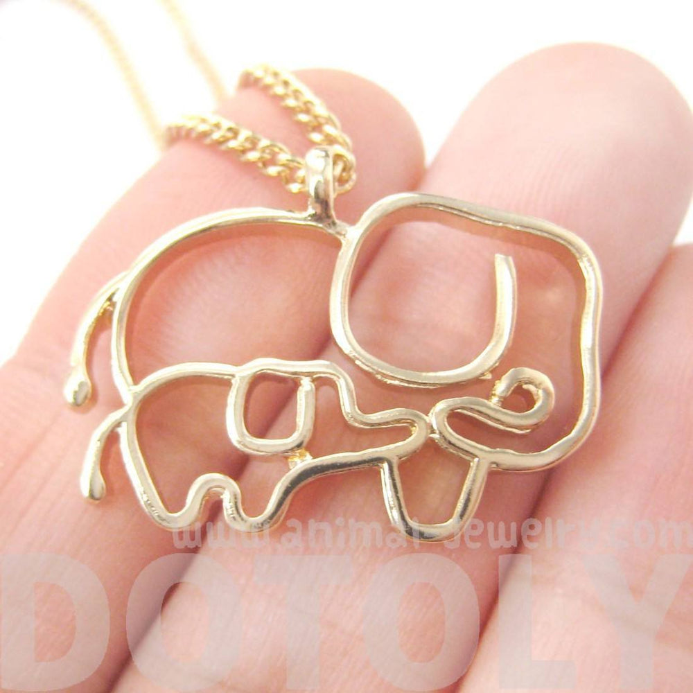 Elephant Mother Baby Outline Shaped Animal Pendant Necklace in Gold