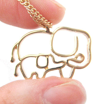 Elephant Mother Baby Outline Shaped Animal Pendant Necklace in Gold