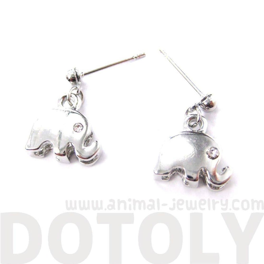 Elephant Shaped Animal Themed Dangle Drop Stud Earrings in Silver