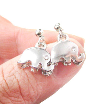 Elephant Shaped Animal Themed Dangle Drop Stud Earrings in Silver