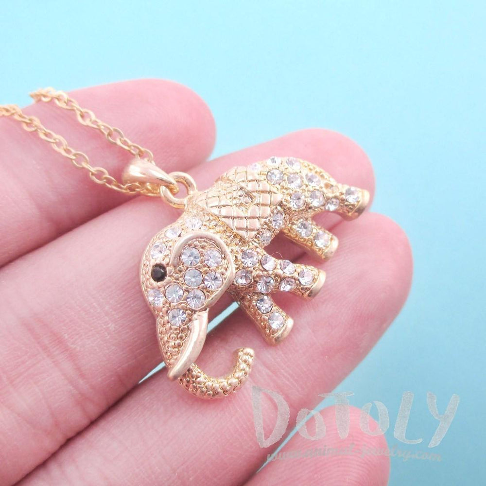 Elephant Shaped Pendant Necklace in Antique Gold with Rhinestones