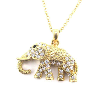 Elephant Shaped Pendant Necklace in Antique Gold with Rhinestones