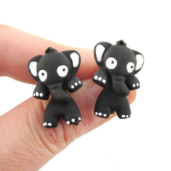 Elephant Shaped Two Part Stud Earrings in Black