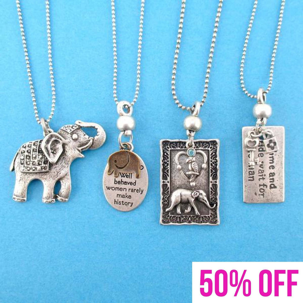 Elephant Themed 4 Piece Necklace Bundle Set in Silver | Animal Jewelry