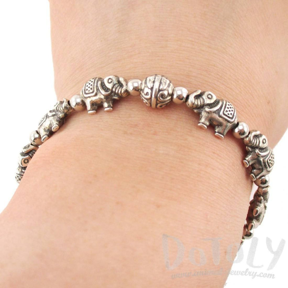 Elephants Beads Shaped Charm Bracelet in Silver | Animal Jewelry