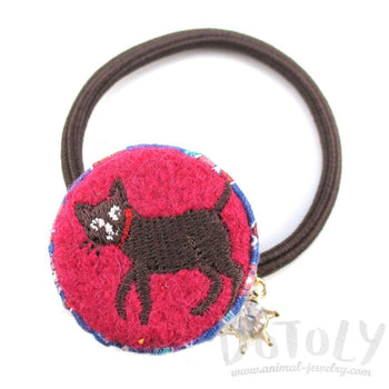 Embroidered Kitty Cat Floral Print Button Hair Tie