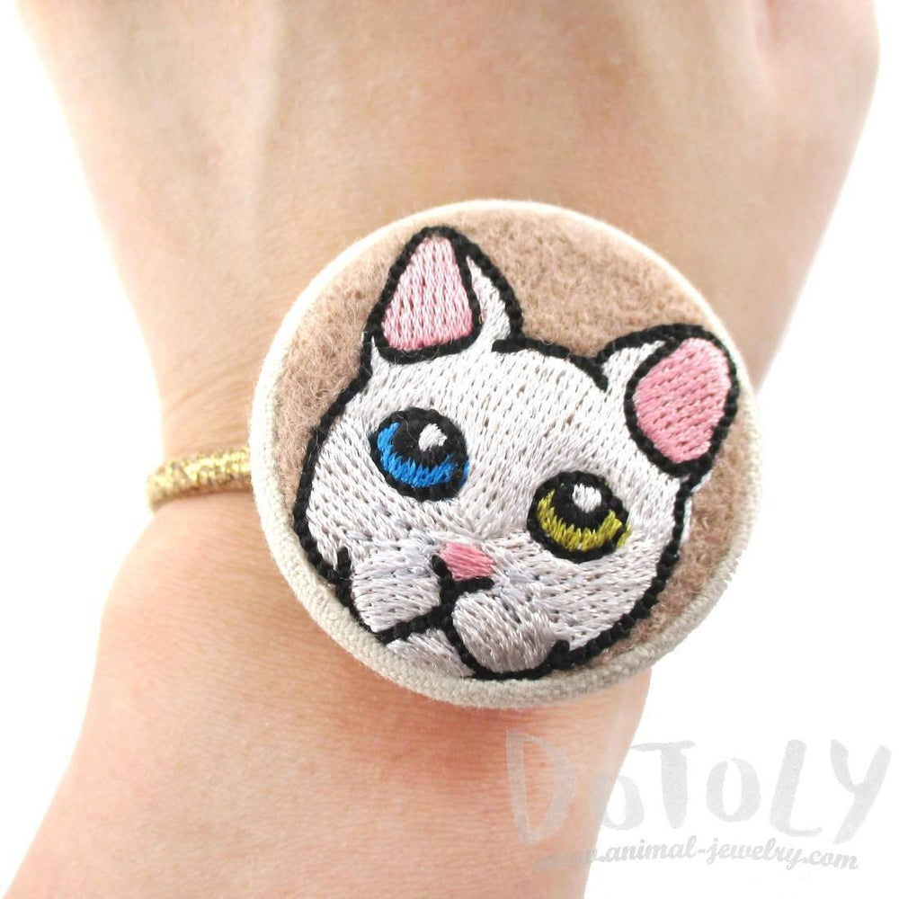 Embroidered Odd-eyed Kitty Cat Button Hair Tie Pony Tail Holder