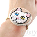 Embroidered Odd-eyed Kitty Cat Button Hair Tie Pony Tail Holder