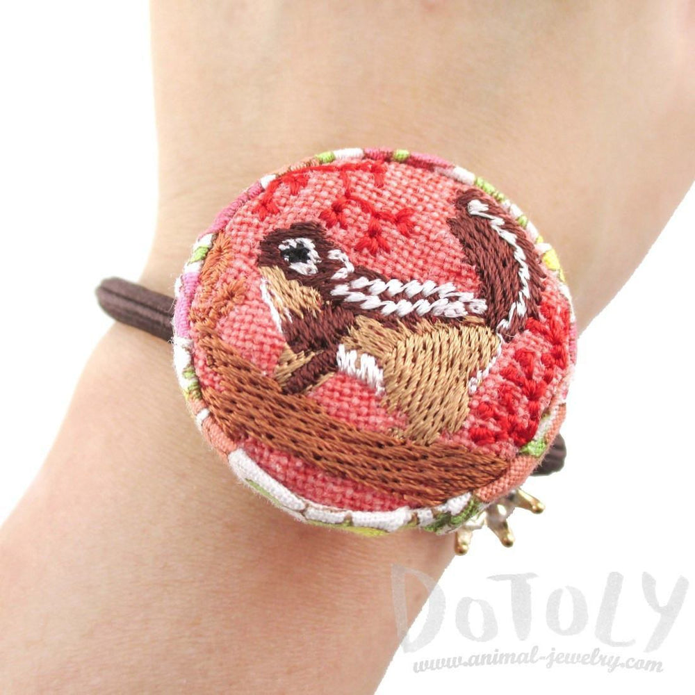 Embroidered Squirrel Floral Print Button Hair Tie