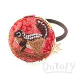 Embroidered Squirrel Floral Print Button Hair Tie