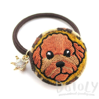 Embroidered Toy Poodle Animal Print Button Hair Tie
