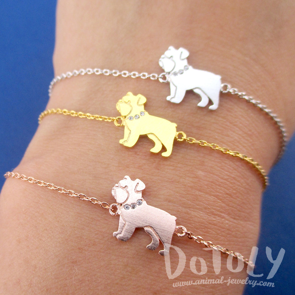 English Bulldog Dog Shaped Charm Bracelet in Silver Gold or Rose Gold