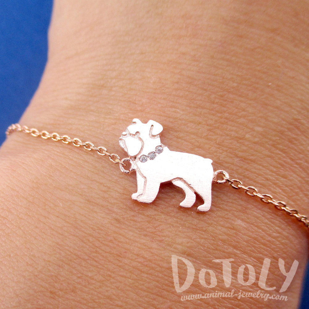 English Bulldog Dog Shaped Charm Bracelet in Silver Gold or Rose Gold