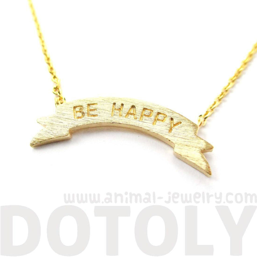 Engraved Be Happy Mini Banner Bar Motivational Charm Necklace in Gold