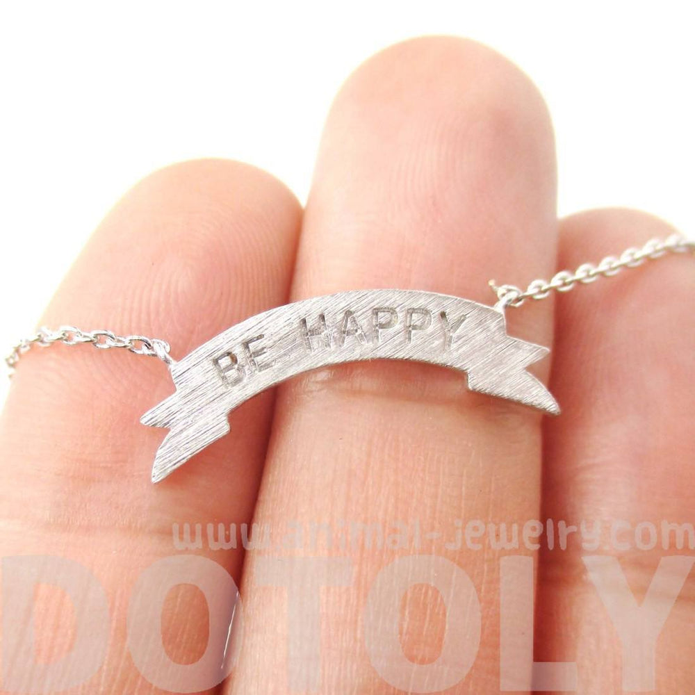 Engraved Be Happy Mini Banner Bar Motivational Charm Necklace in Silver