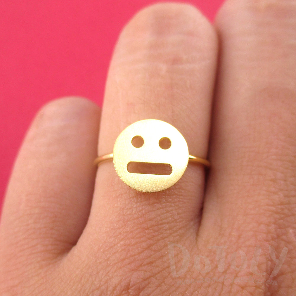 Expressionless Smile Meh Indifferent Face Emoji Themed Adjustable Ring in Gold