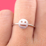 Expressionless Smile Meh Indifferent Face Emoji Themed Adjustable Ring in Silver
