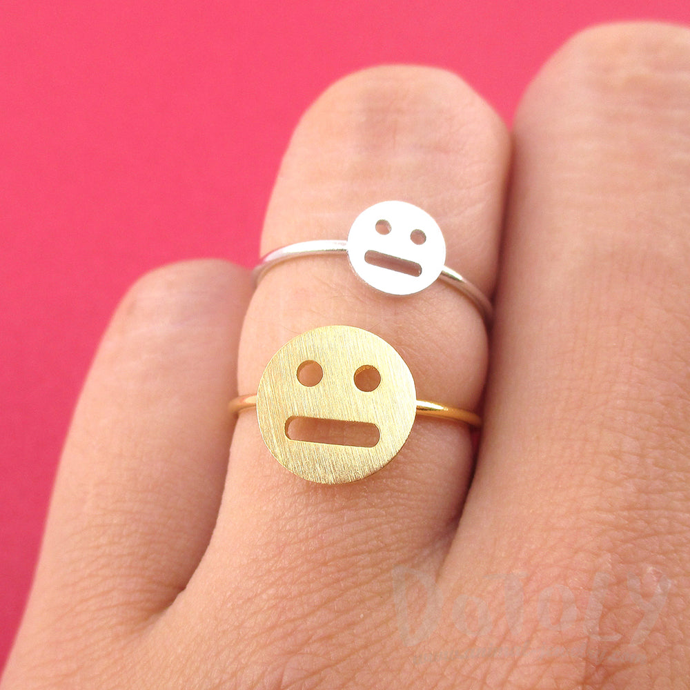 Expressionless Smile Meh Indifferent Face Emoji Themed Adjustable Ring | DOTOLY