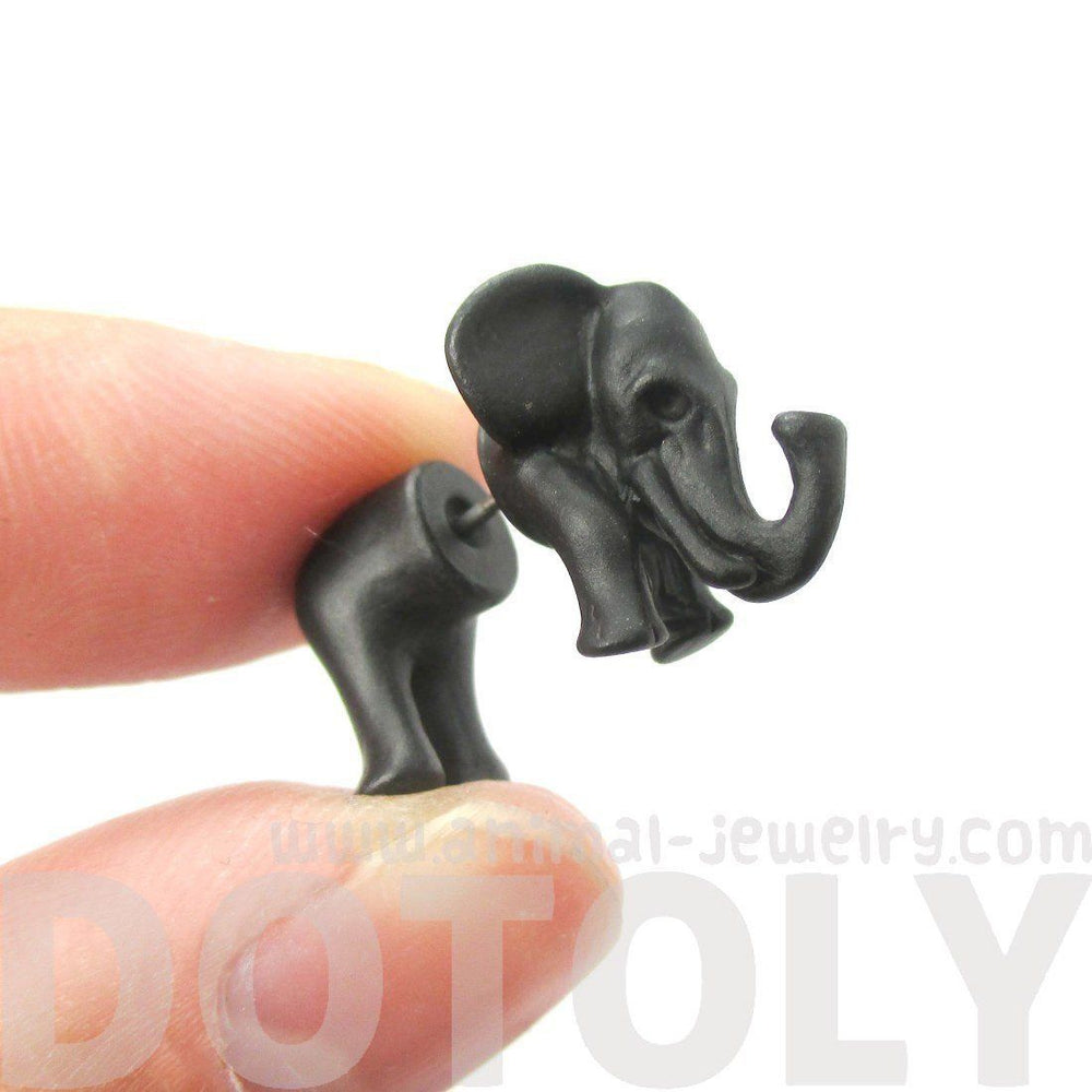 3D Elephant Shaped Animal Front and Back Stud Earrings in Black