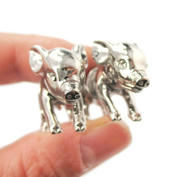 3D Piglet Shaped Animal Front & Back Two Part Earrings in Shiny Silver