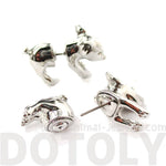 3D Piglet Shaped Animal Front & Back Two Part Earrings in Shiny Silver