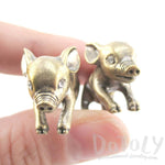 3D Piglet Pig Shaped Front and Back Earrings in Brass