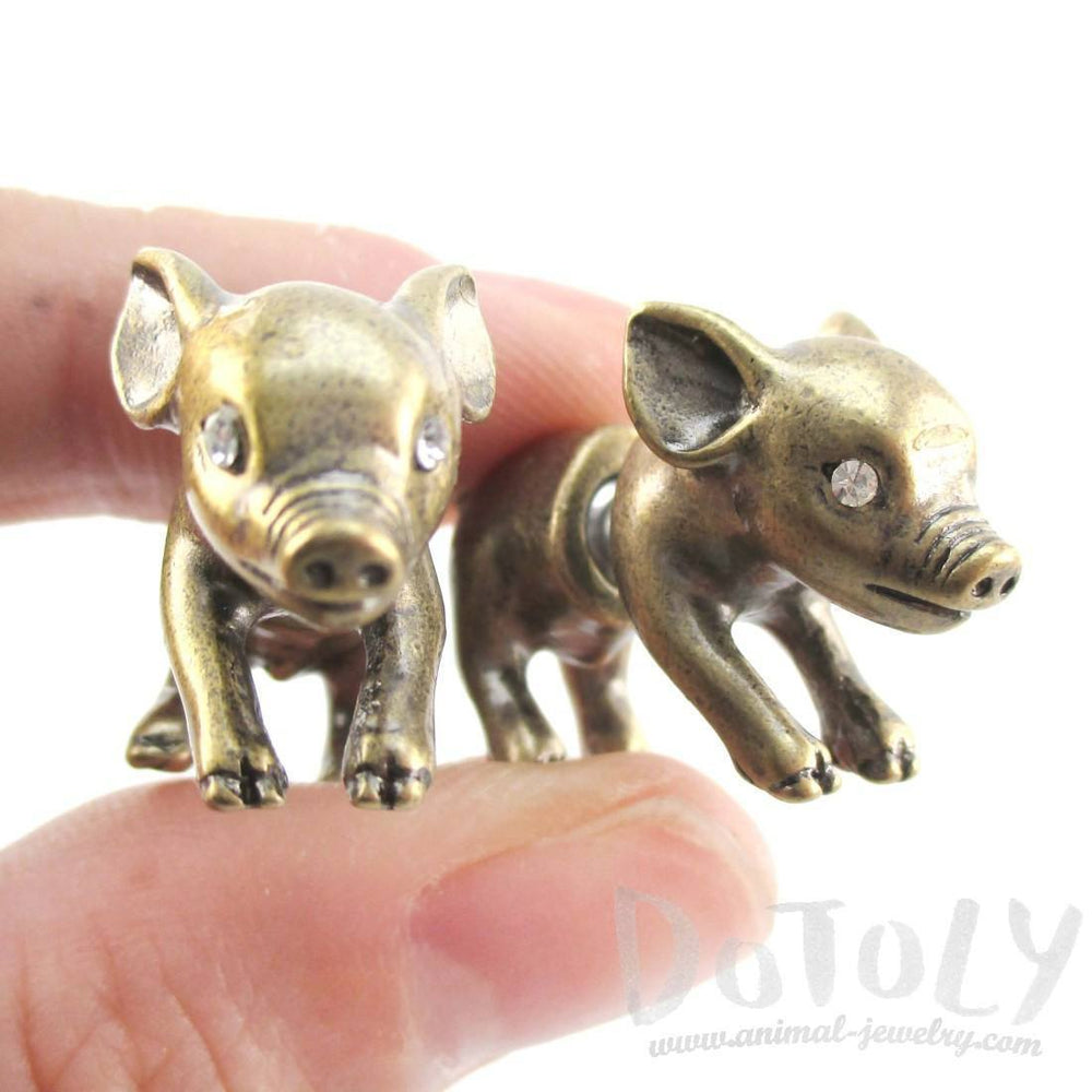 3D Piglet Pig Shaped Front and Back Earrings in Brass