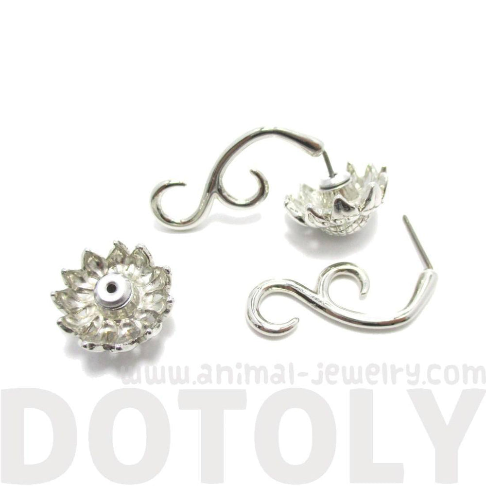 3D Sunflower Floral Flower Shaped Earrings in Silver
