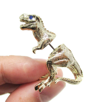 T-Rex Dinosaur Shaped Front Back Stud Earrings in Gold