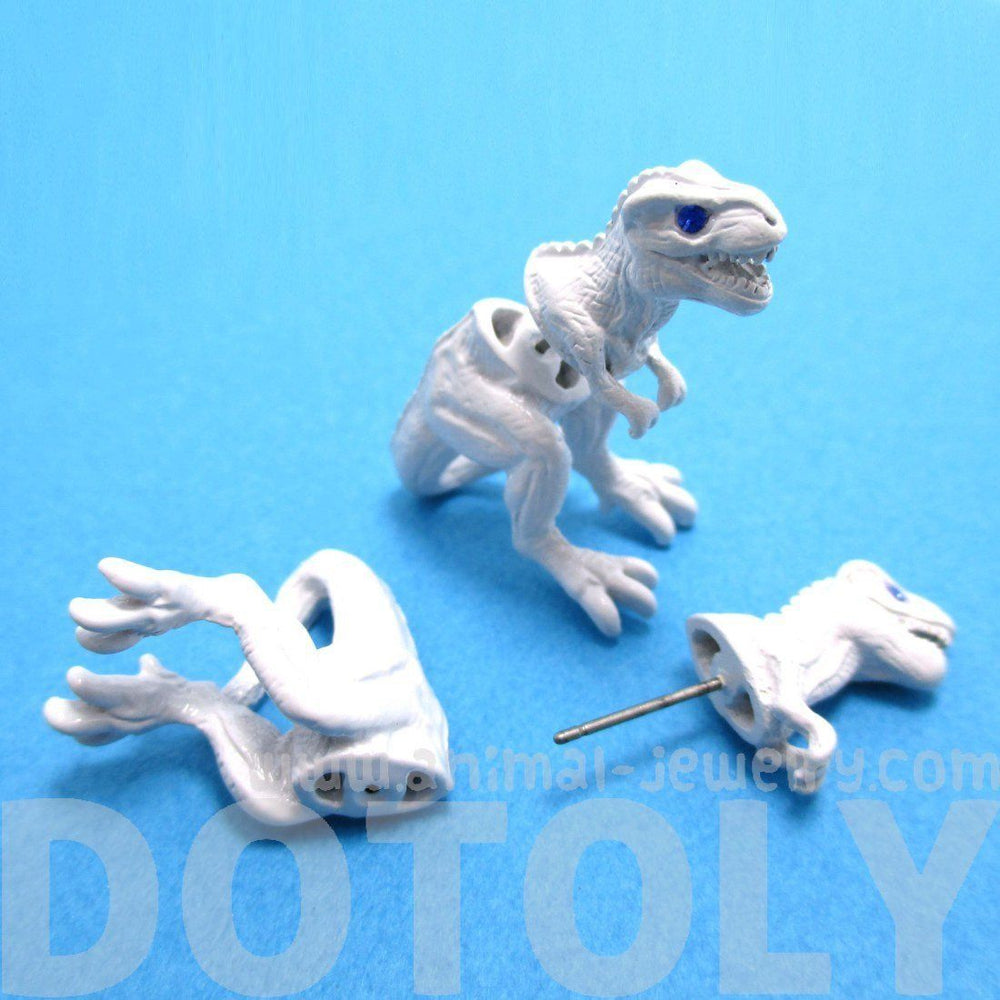 T-Rex Dinosaur Shaped Front Back Stud Earrings in White