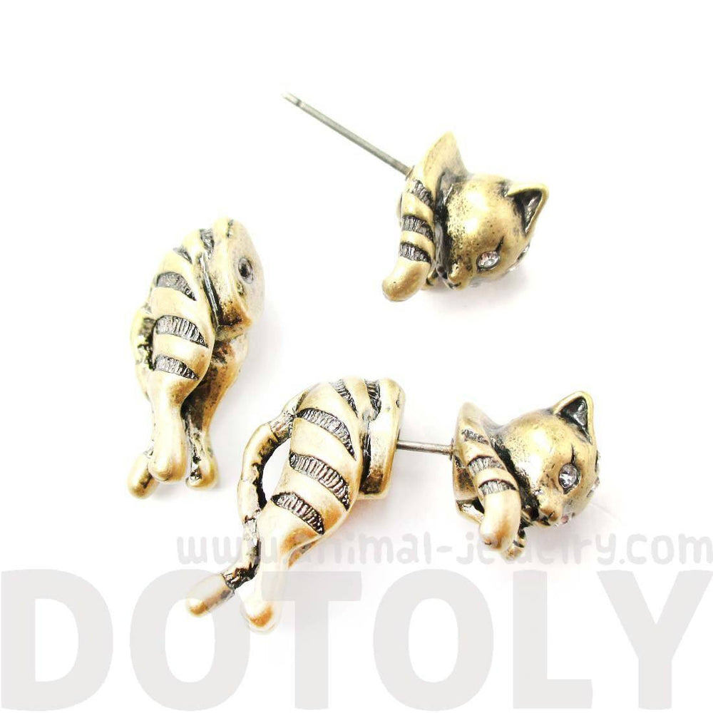 Cute Kitty Cat Shaped Animal Themed Fake Gauge Stud Earrings in Brass