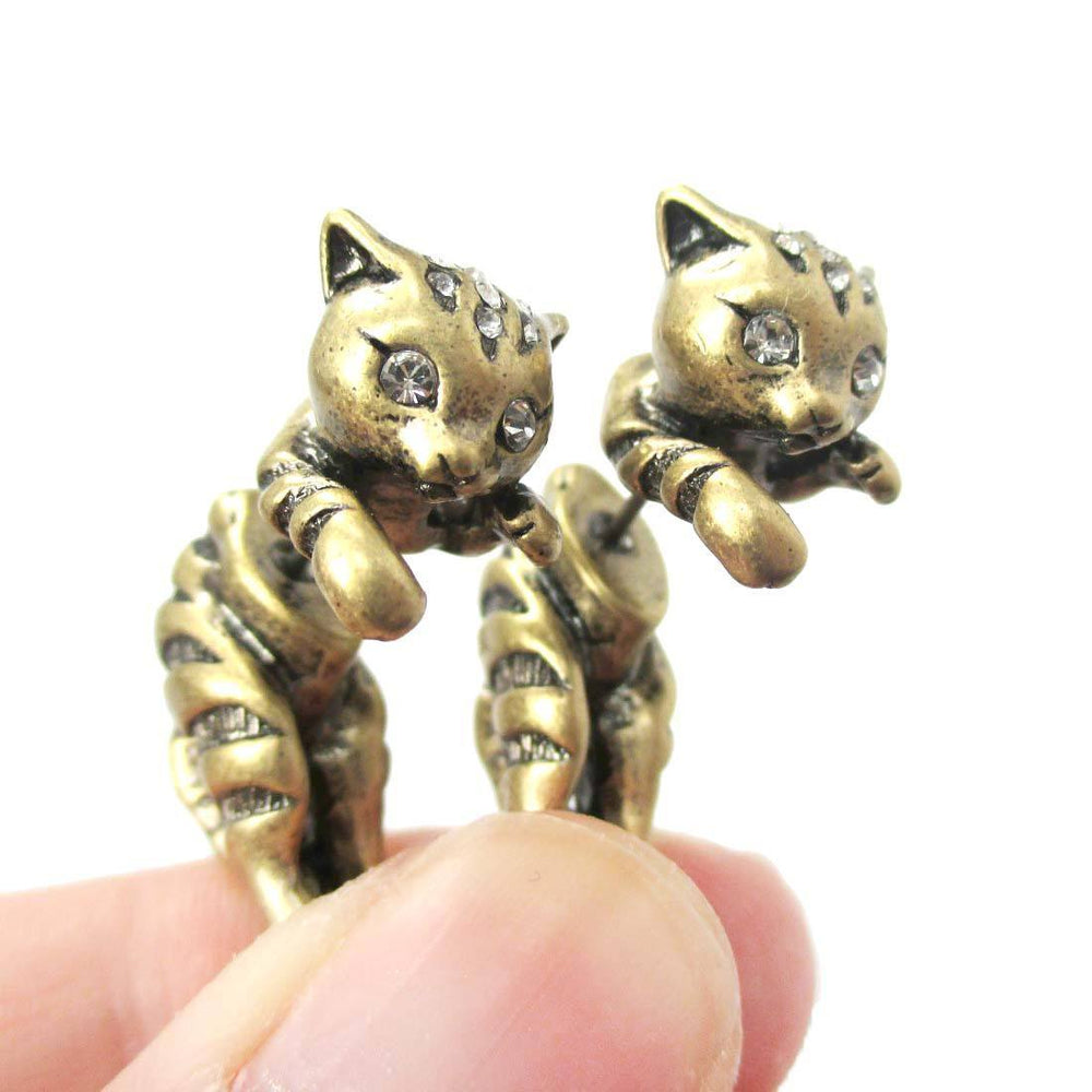 Cute Kitty Cat Shaped Animal Themed Fake Gauge Stud Earrings in Brass