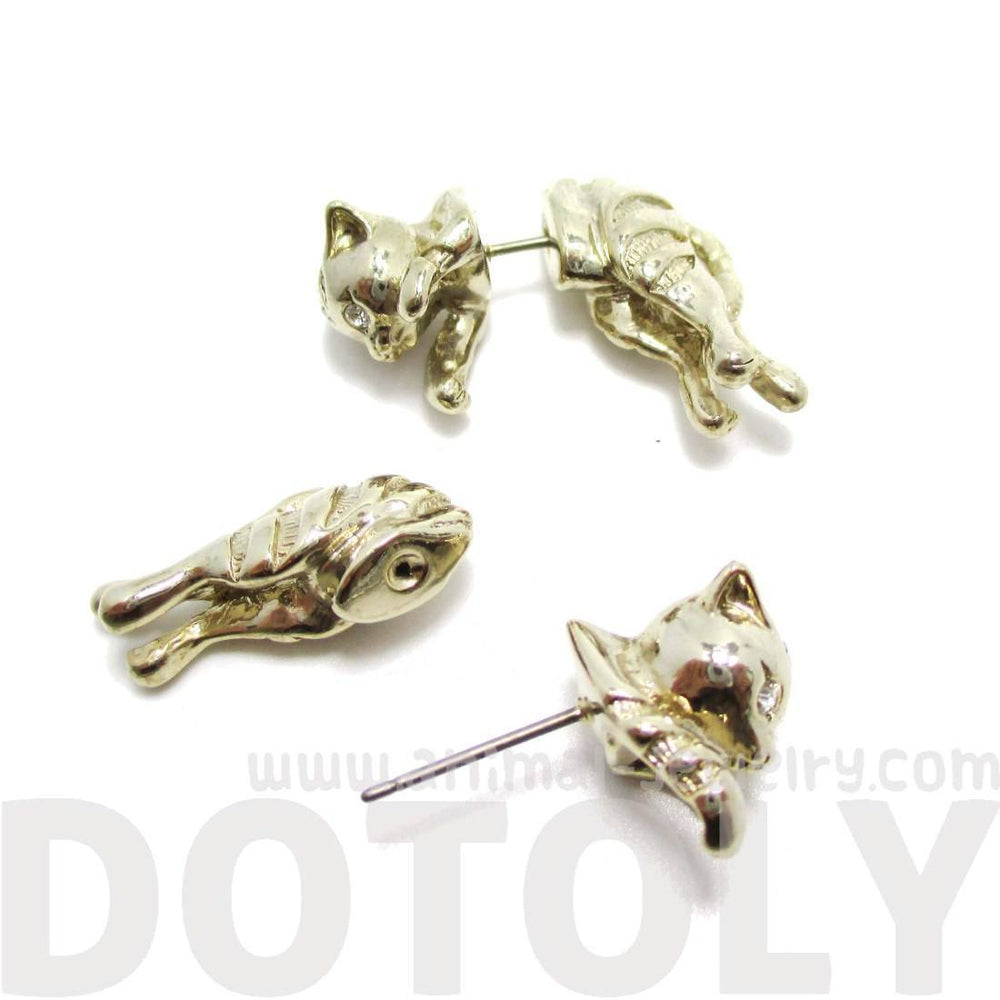 Kitty Cat Shaped Front and Back Stud Earrings in Gold