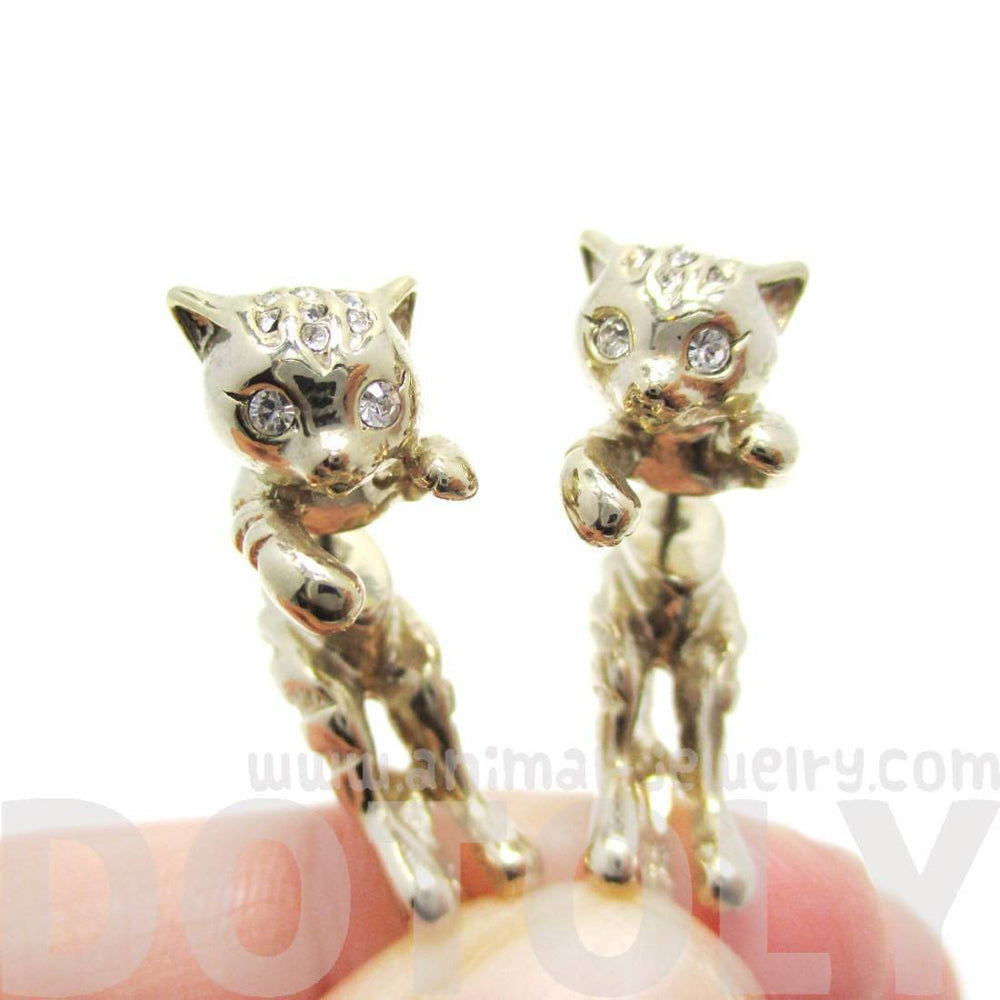 Kitty Cat Shaped Front and Back Stud Earrings in Gold