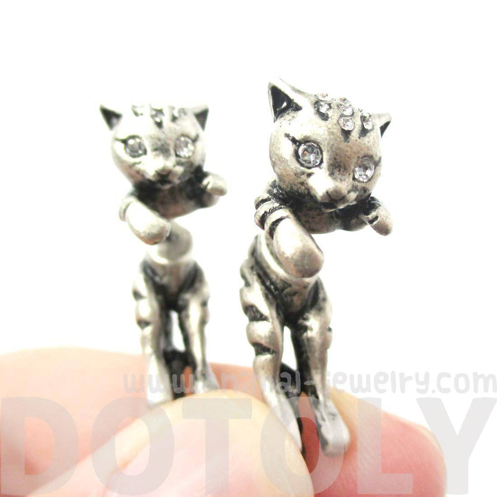 Cute Kitty Cat Shaped Animal Themed Fake Gauge Stud Earrings in Silver