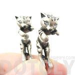 Cute Kitty Cat Shaped Animal Themed Fake Gauge Stud Earrings in Silver