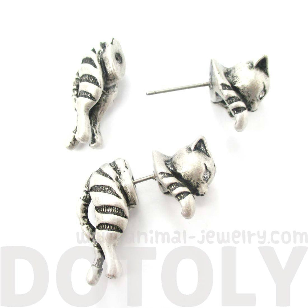 Cute Kitty Cat Shaped Animal Themed Fake Gauge Stud Earrings in Silver