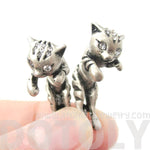 Cute Kitty Cat Shaped Animal Themed Fake Gauge Stud Earrings in Silver