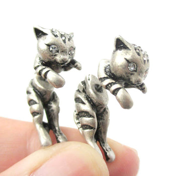 Cute Kitty Cat Shaped Animal Themed Fake Gauge Stud Earrings in Silver