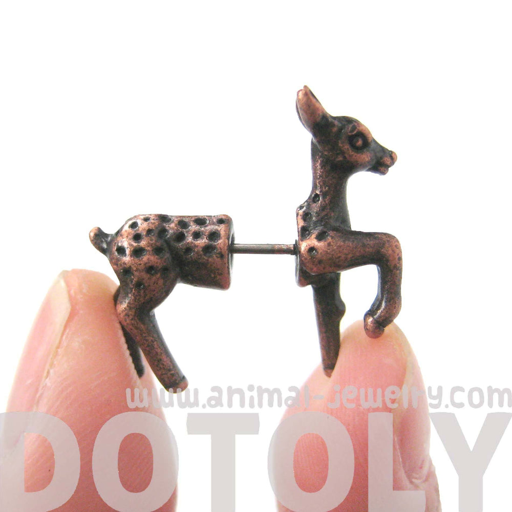 Fake Gauge Earrings: Bambi Deer Animal Faux Plug Earrings in Copper