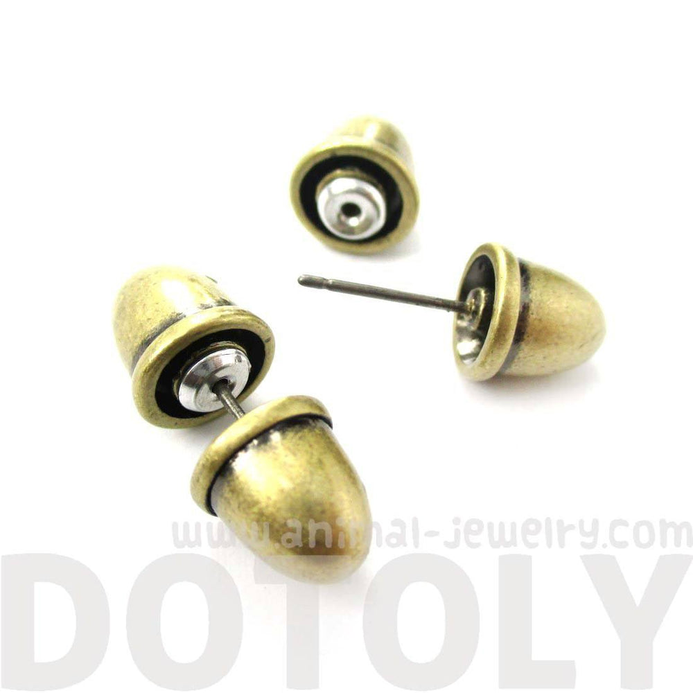 Fake Gauge Earrings: Bullet Shaped Faux Plug Stud Earrings in Brass
