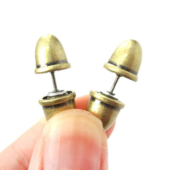 Fake Gauge Earrings: Bullet Shaped Faux Plug Stud Earrings in Brass