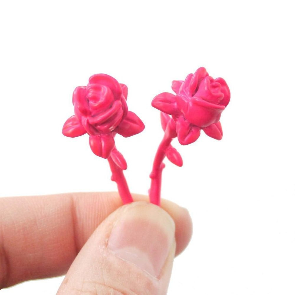 3D Rose Floral Flower Shaped Front and Back Stud Earrings in Pink