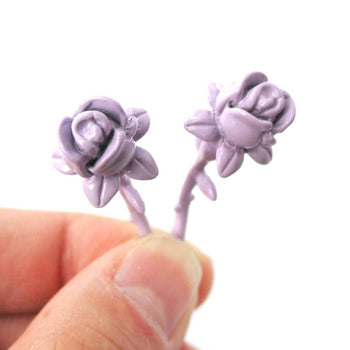 3D Rose Floral Flower Shaped Front and Back Stud Earrings in Purple